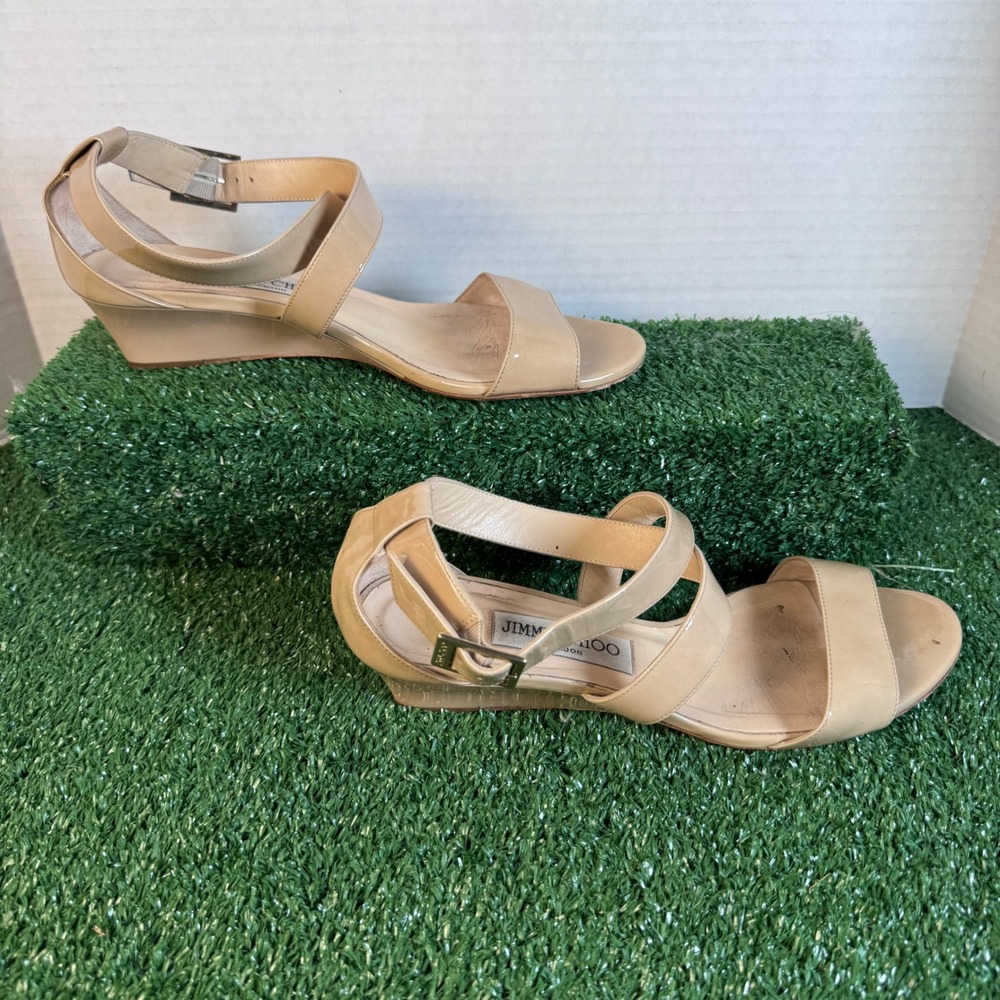 Jimmy Choo Nude Patent Leather Wedge Sandals Ankle Strap Buckle Beige Sz 7.5 38